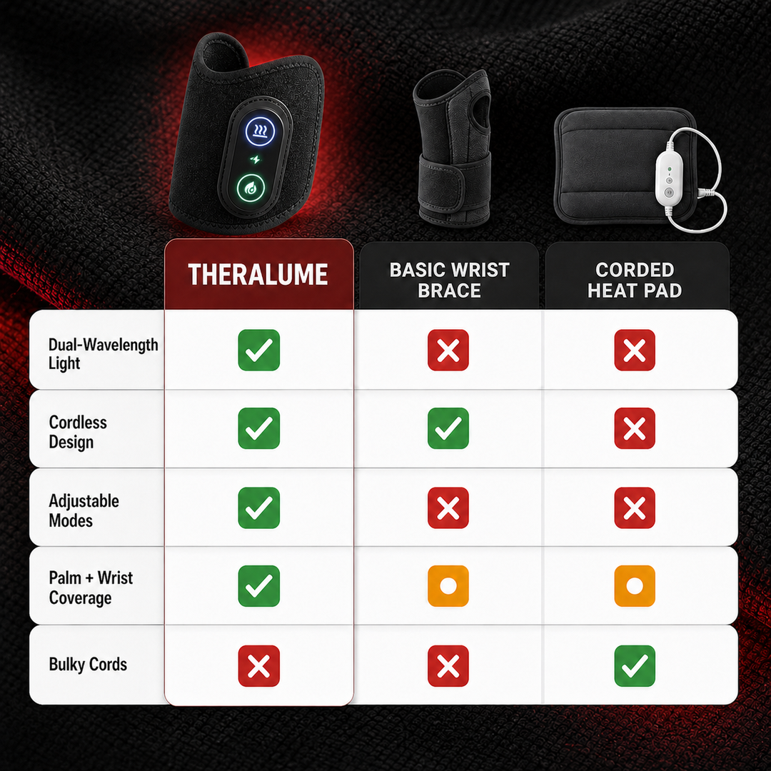 Feature comparison of MendWrap, a basic wrist brace, and a corded heat pad